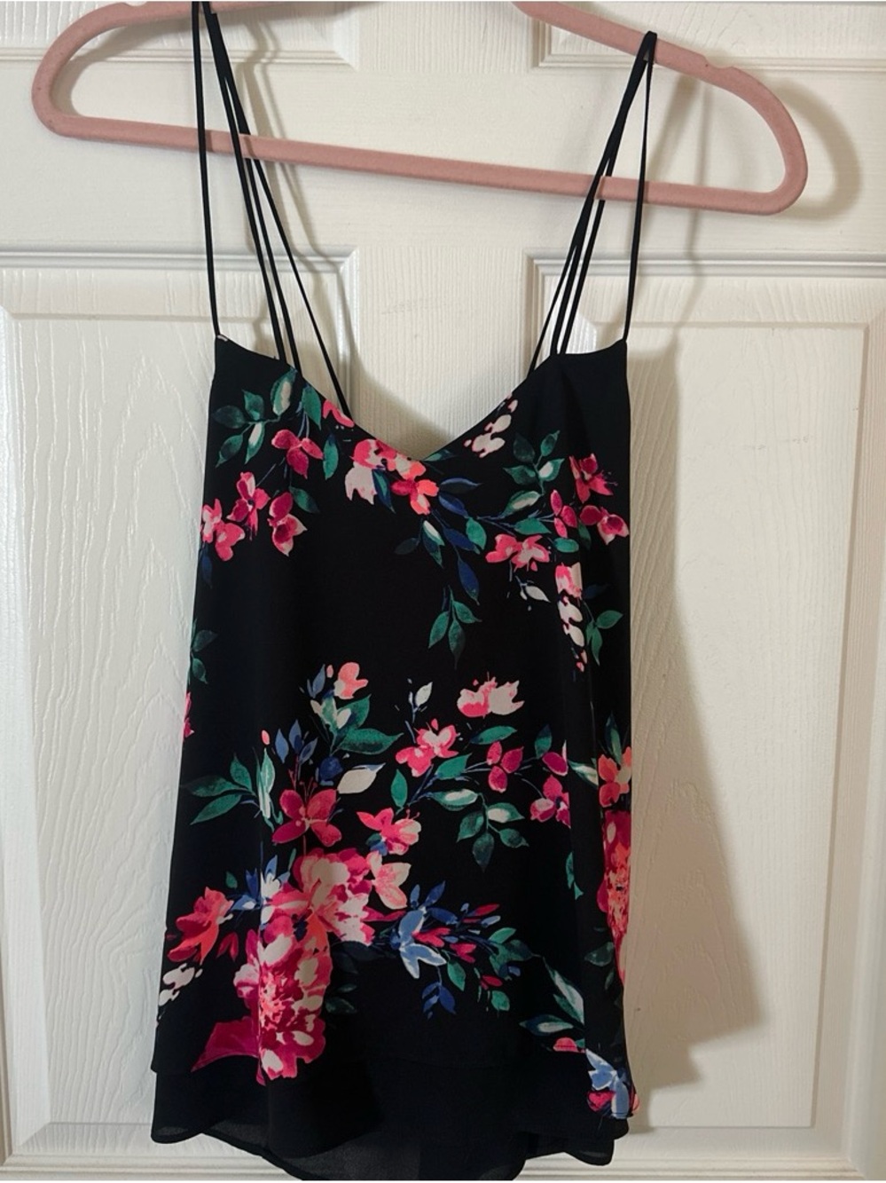 Express Black Strapless-Look Floral Tank with Pink and Green Print